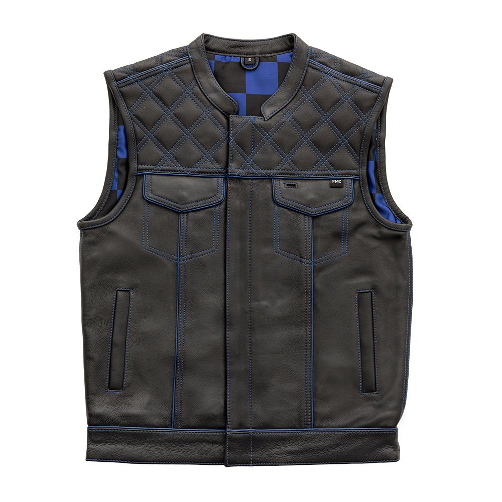 Finish Line - Blue Checker - Men's Motorcycle Leather Vest Men's Leather Vest First Manufacturing Company S