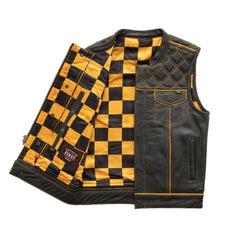Finish Line - Gold Checker - Men's Motorcycle Leather Vest Men's Leather Vest First Manufacturing Company