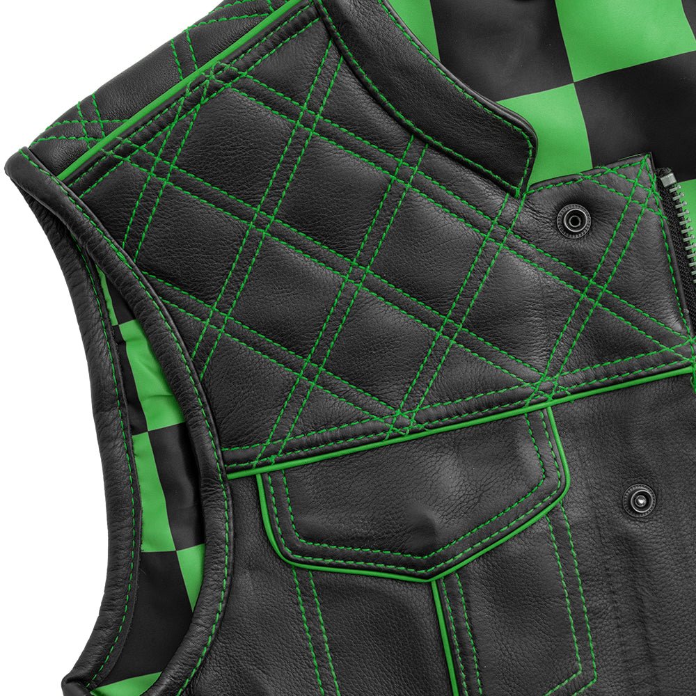 Finish Line - Green Checker - Men's Motorcycle Leather Vest Men's Leather Vest First Manufacturing Company