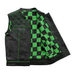Finish Line - Green Checker - Men's Motorcycle Leather Vest Men's Leather Vest First Manufacturing Company