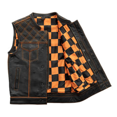 Finish Line - Orange Checker - Men's Motorcycle Leather Vest Men's Leather Vest First Manufacturing Company