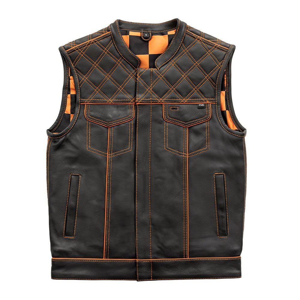 Finish Line - Orange Checker - Men's Motorcycle Leather Vest Men's Leather Vest First Manufacturing Company Black/Orange S Leather