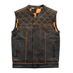 Finish Line - Orange Checker - Men's Motorcycle Leather Vest Men's Leather Vest First Manufacturing Company Black/Orange S Leather