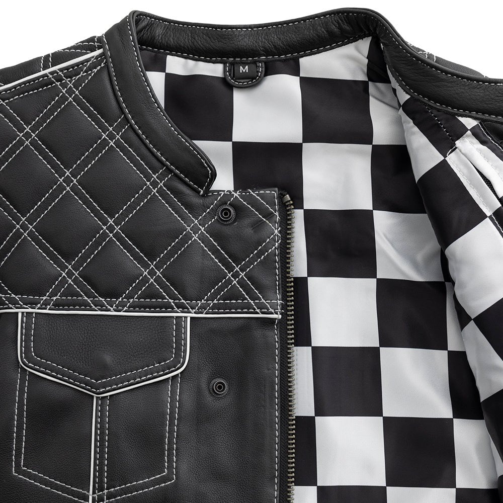 Finish Line - White Checker - Men's Motorcycle Leather Vest Men's Leather Vest First Manufacturing Company