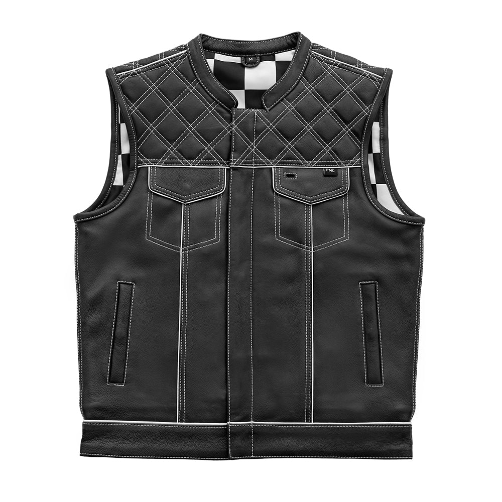 Finish Line - White Checker - Men's Motorcycle Leather Vest Men's Leather Vest First Manufacturing Company S